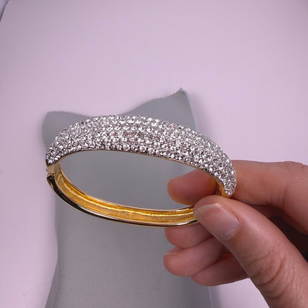 Swarovski Crystal Pave Glamour Womens Hinged Bangle Gold Tone Luxury Jewelry